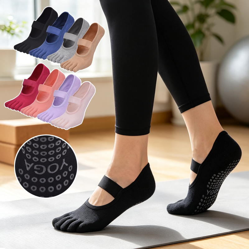 Yoga Mat - レディース用、5本指タイプ、滑り止め加工のピラティスソックス。女性用、バンド付き、滑り止め加工、ヨガ用、フィットネス用、背中が開いたデザイン、バレエ用、綿素材、室内用、床用ソックス。