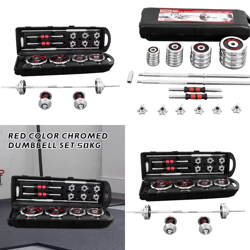Dumbbell Set - 2026年製、50kg対応、調整可能な鋳鉄製ダンベルセット。赤色クロムメッキ仕上げ。収納ボックス付き。工場直送。
